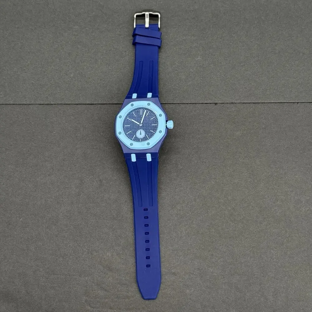 Men’s Blue Rubber Sport Watch Octagon Bezel Luxury Style Silicone Strap Quartz